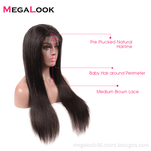 MegaLook Cheap Semi Medical Wig Peruvian silk Straight wave Human Hair Lace Closure Wigs